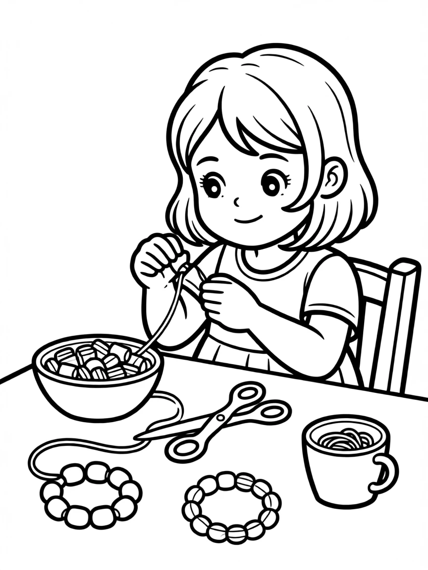 A girl making a macaroni necklace.