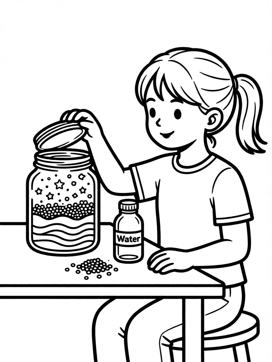 A girl making a "calm down" jar with glitter and water.