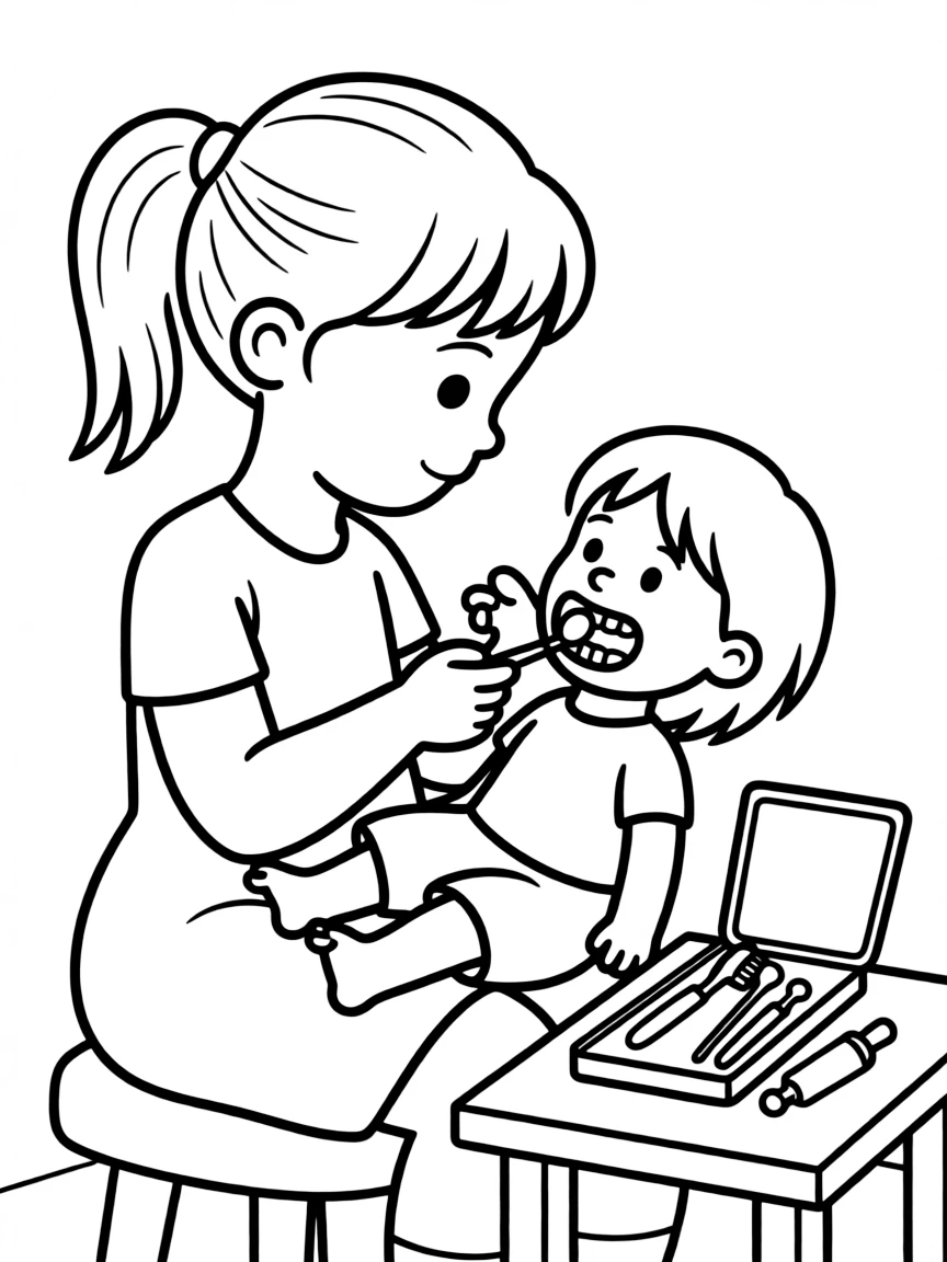 A girl pretending to be a dentist, looking at her doll's teeth.