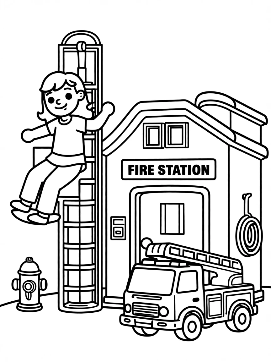 A girl playing with a toy fire station, sliding down the pole.