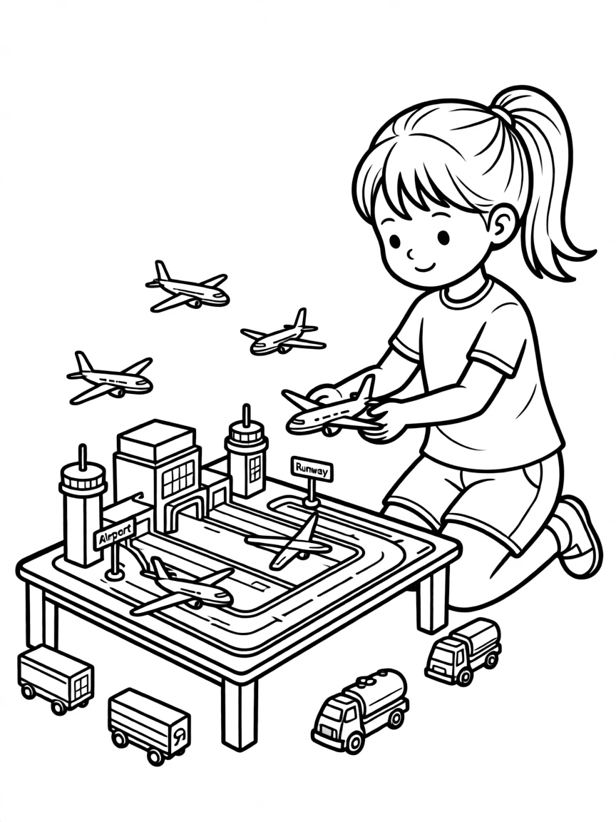 A girl playing with a toy airport, landing toy planes.