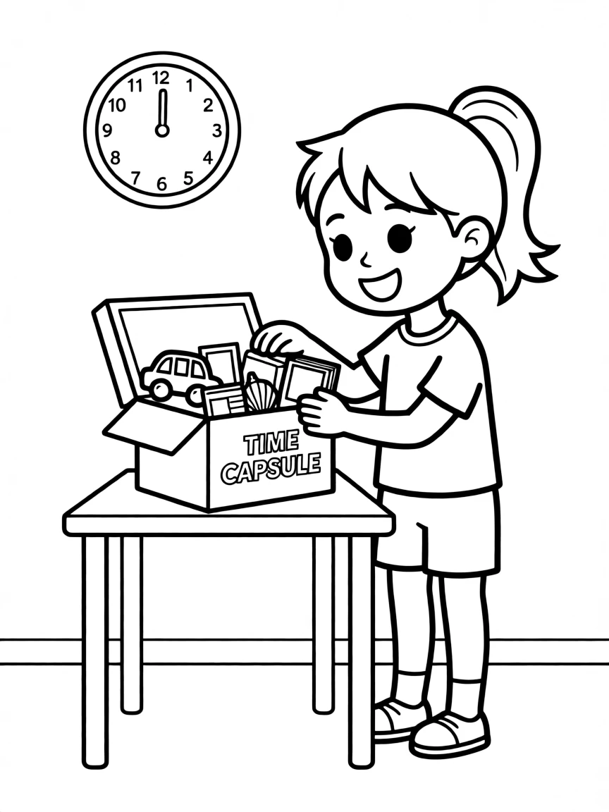 A girl making a "time capsule" with small items.