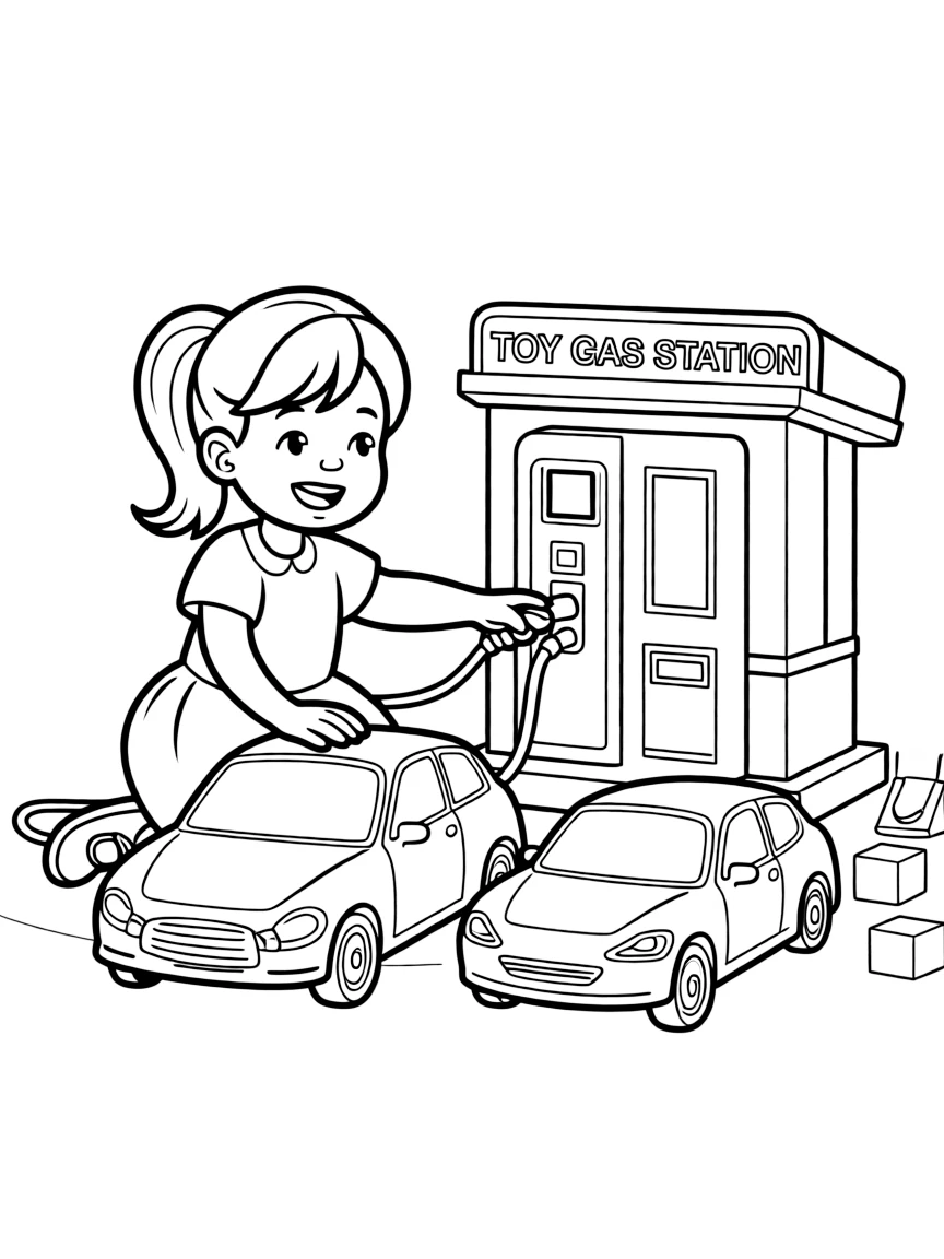 A girl playing with a toy gas station, filling up toy cars.