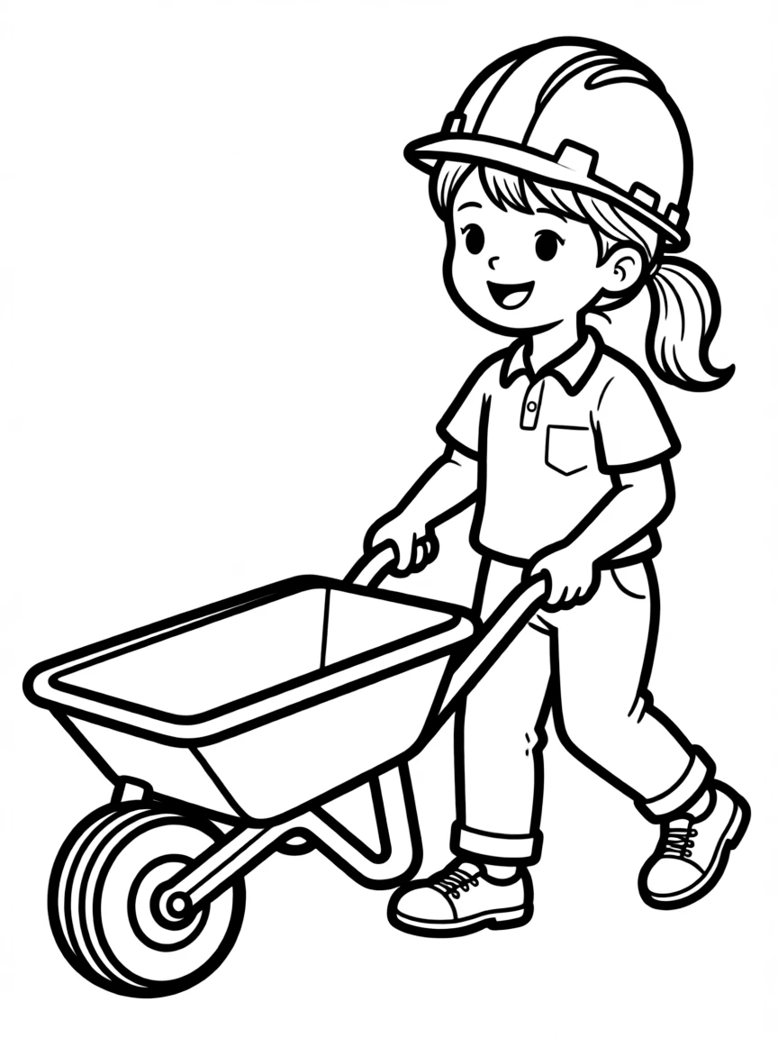 A girl pretending to be a construction worker, pushing a toy wheelbarrow.