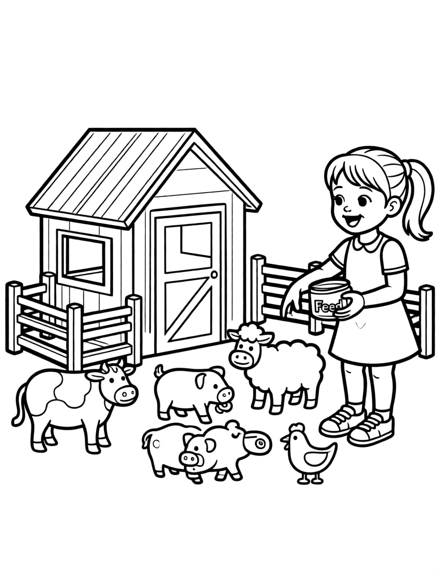 A girl playing with a toy farm, feeding toy animals.