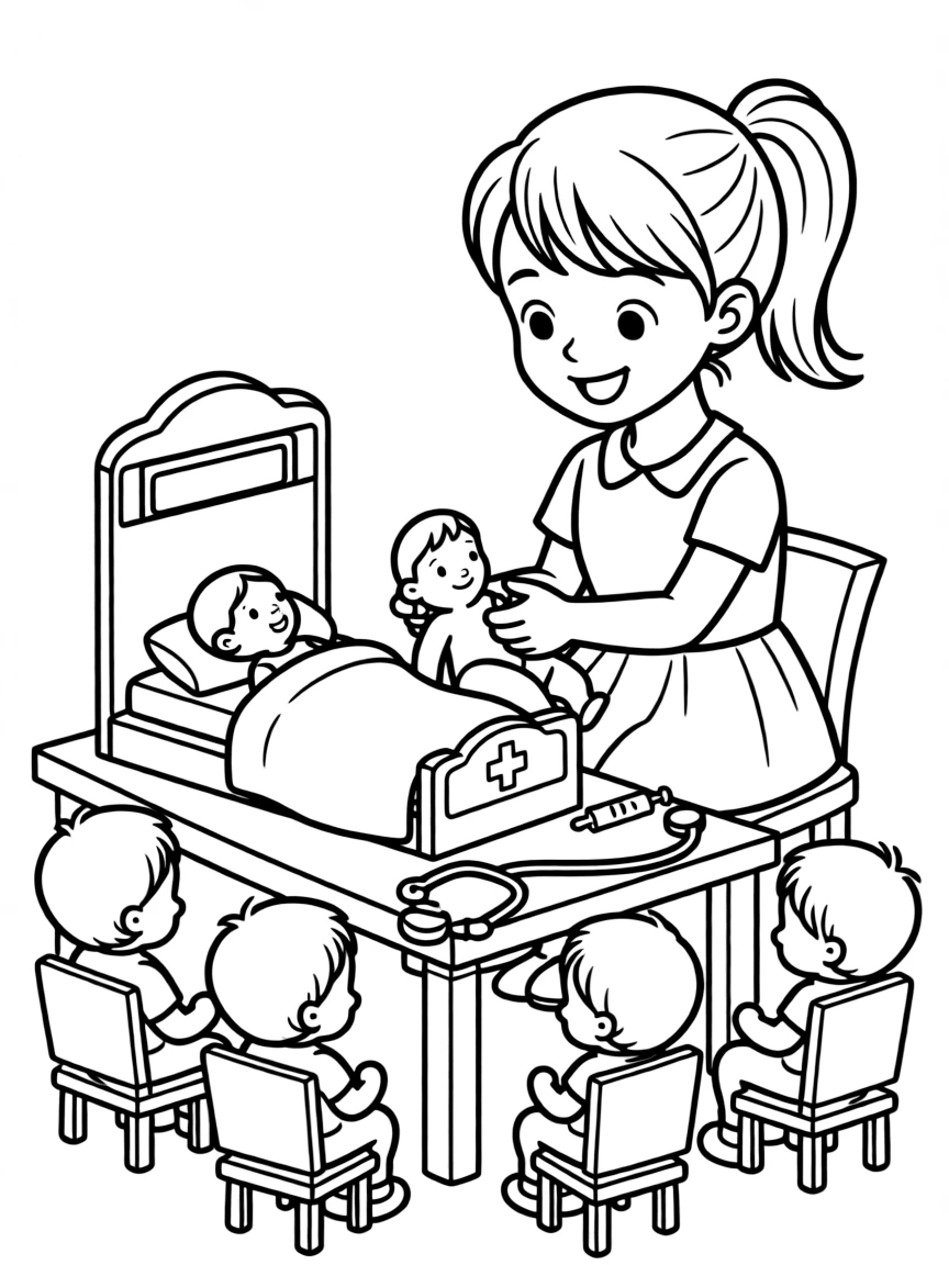 A girl playing with a toy hospital, treating toy patients.