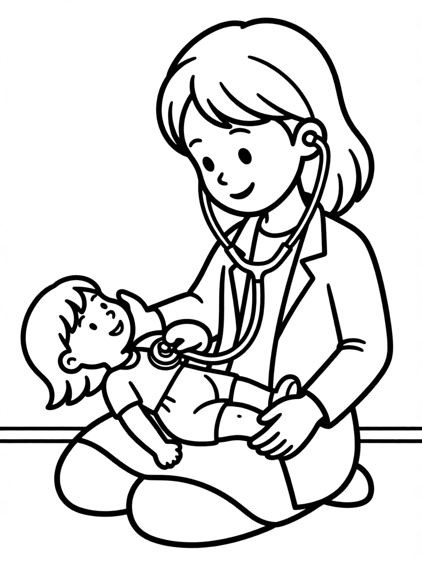 A girl pretending to be a doctor, listening to her doll's chest.