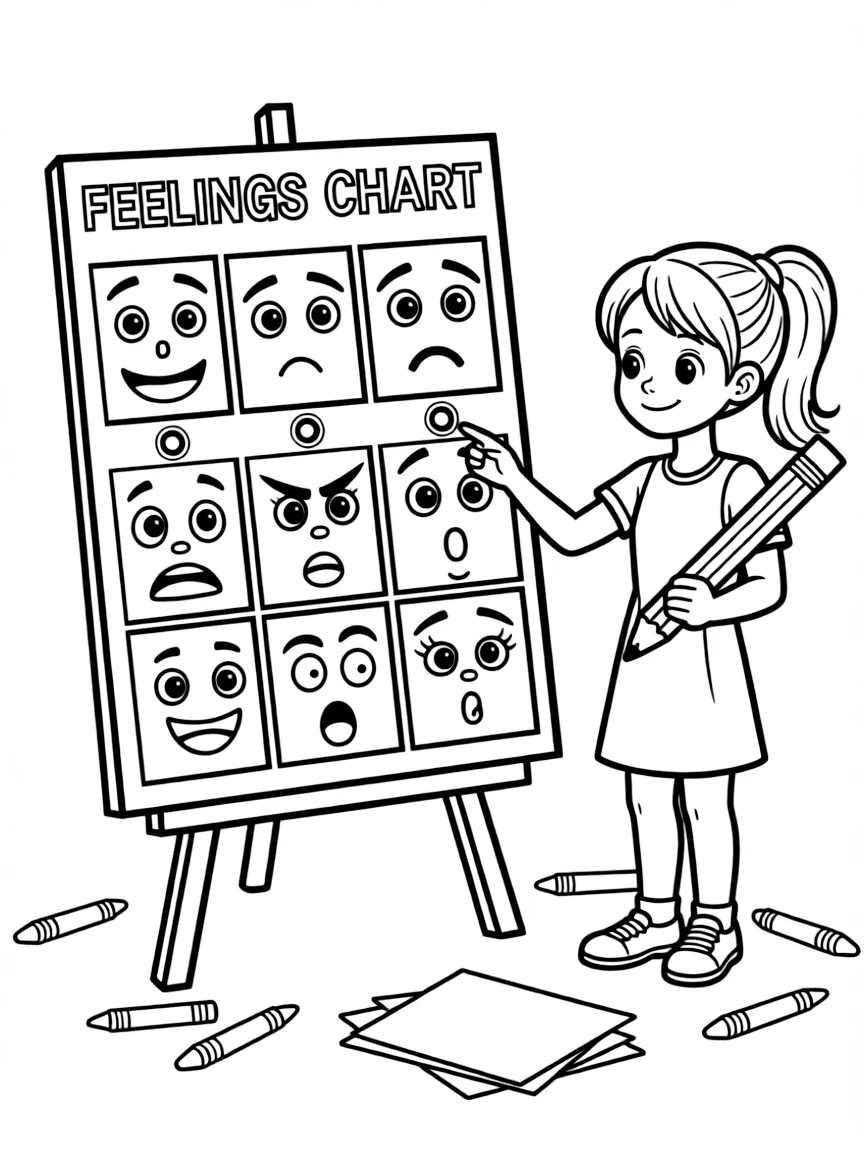 A girl making a "feelings chart" with different emotions.