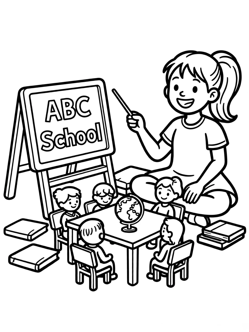 A girl playing with a toy school, teaching toy students.