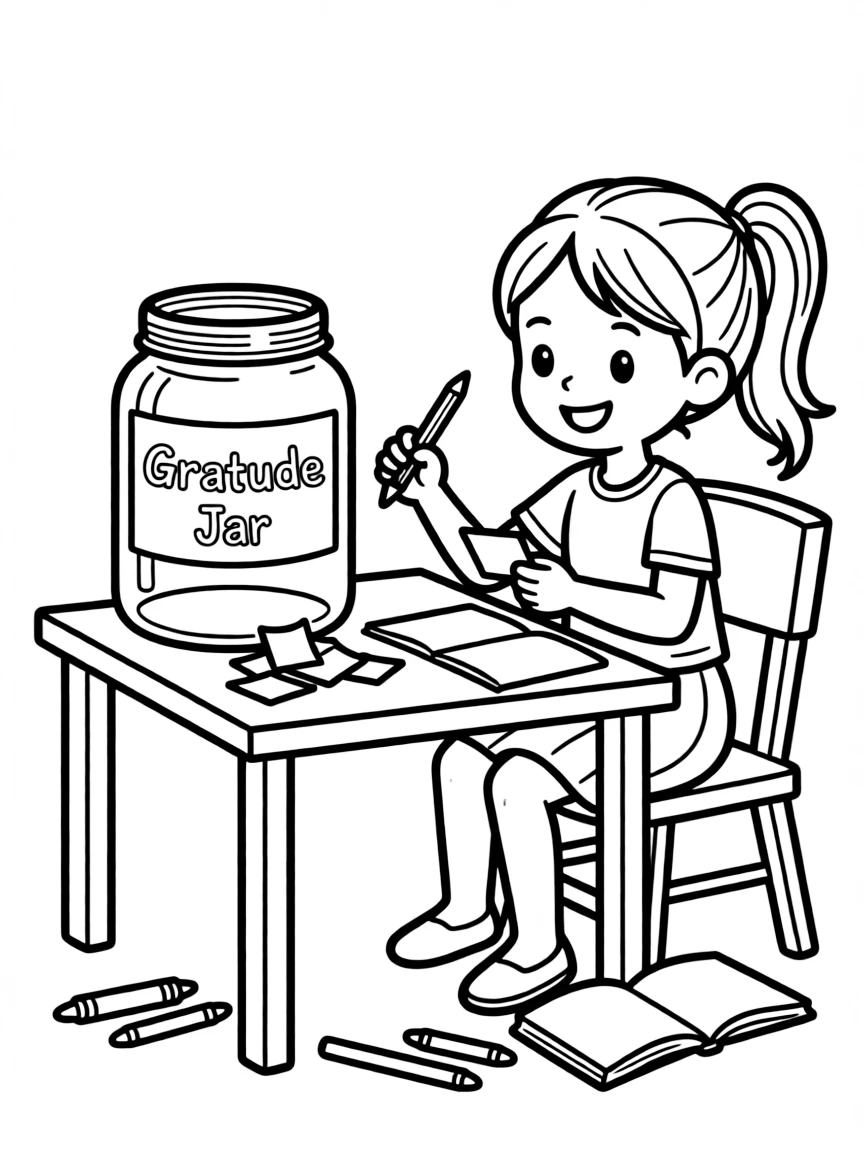 A girl making a "gratitude jar" to write down things she's thankful for.