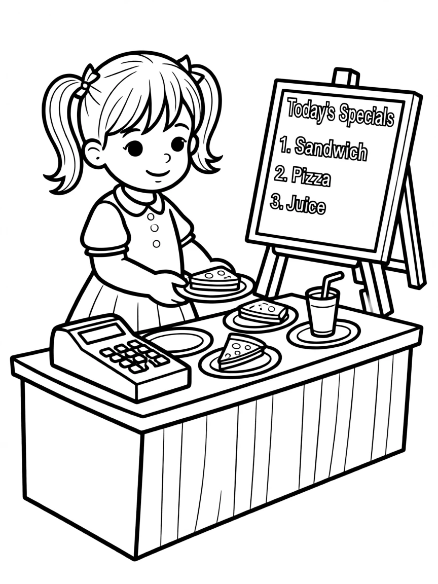 A girl playing with a toy restaurant, serving pretend food.