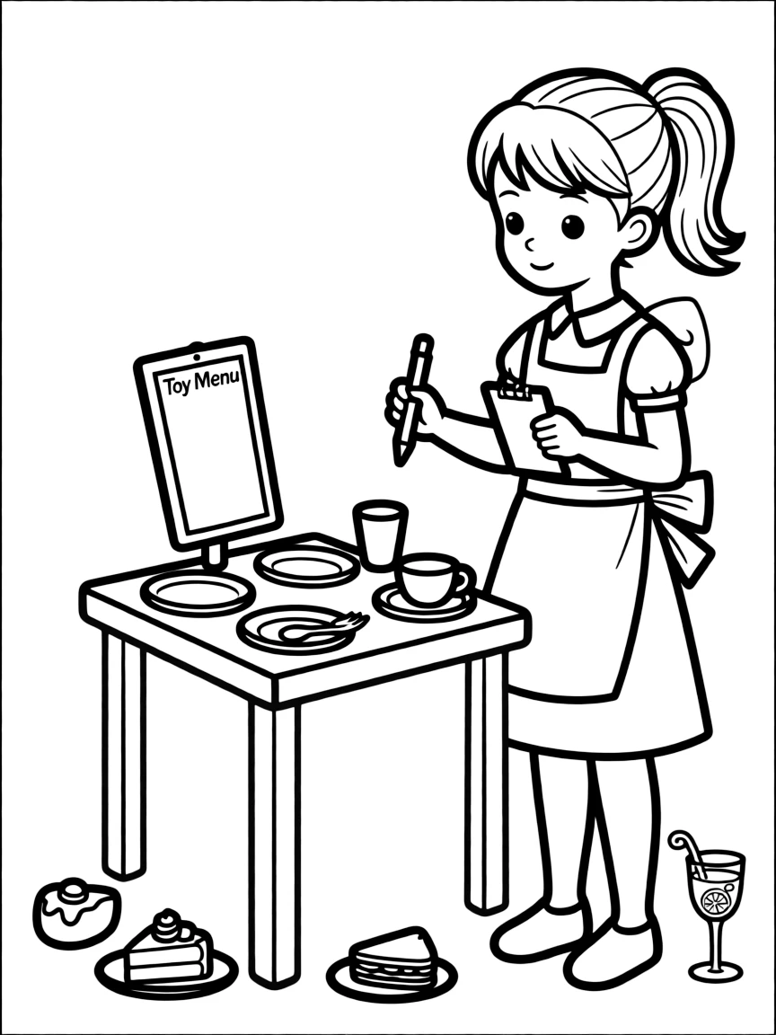 A girl pretending to be a server, taking toy orders.