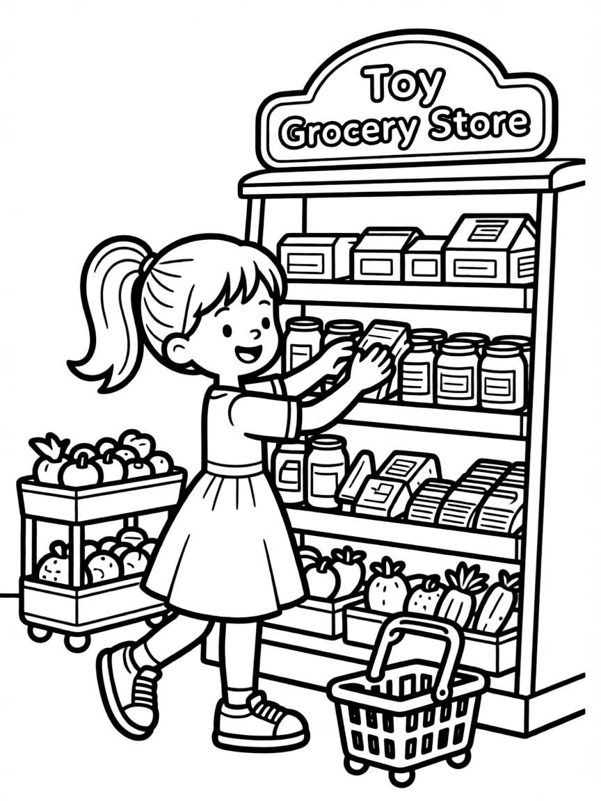 A girl playing with a toy grocery store, organizing shelves.