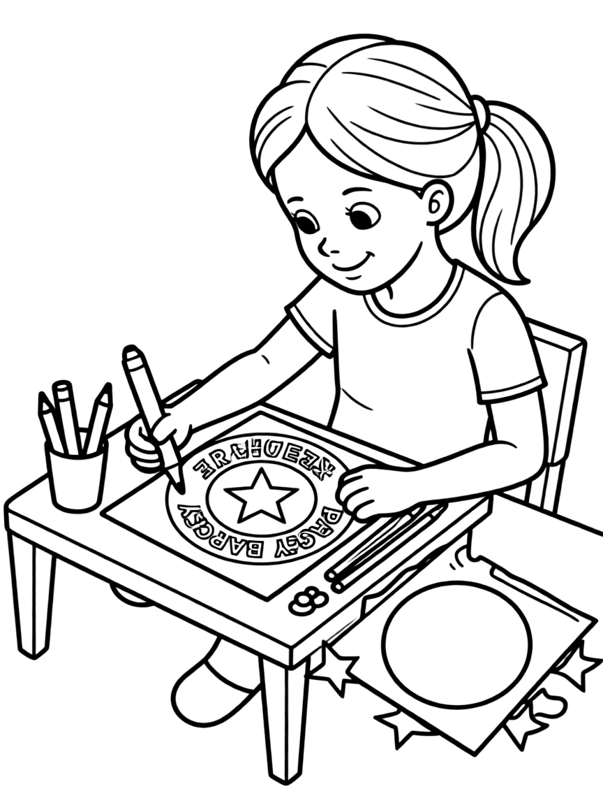 A girl making a "bravery badge" for herself or a friend.
