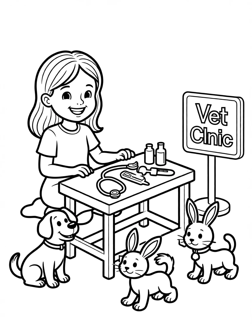 A girl playing with a toy veterinarian clinic, caring for toy pets.
