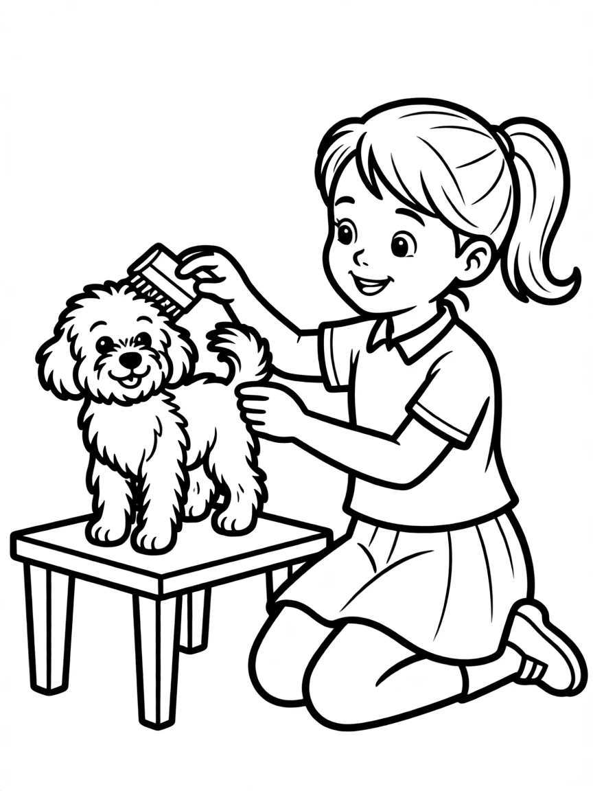 A girl pretending to be a pet groomer, brushing a toy dog.