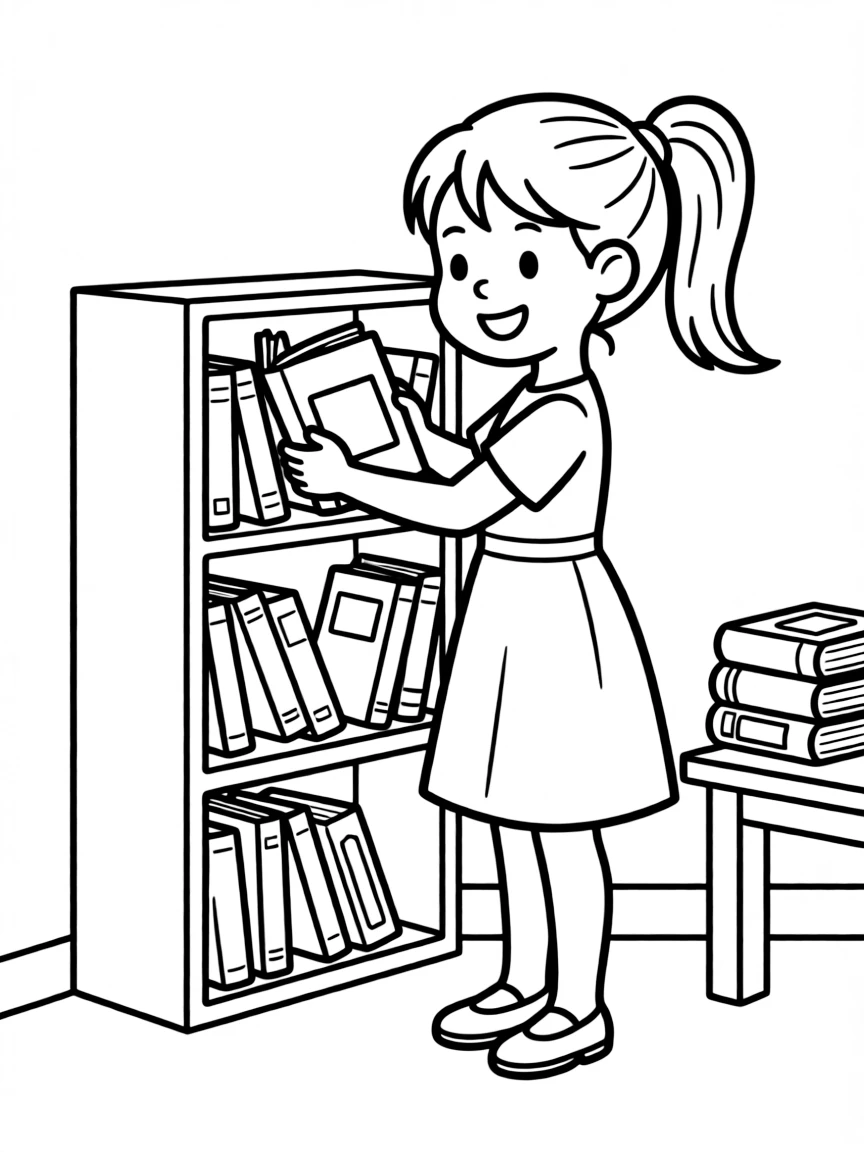 A girl pretending to be a librarian, organizing toy books.