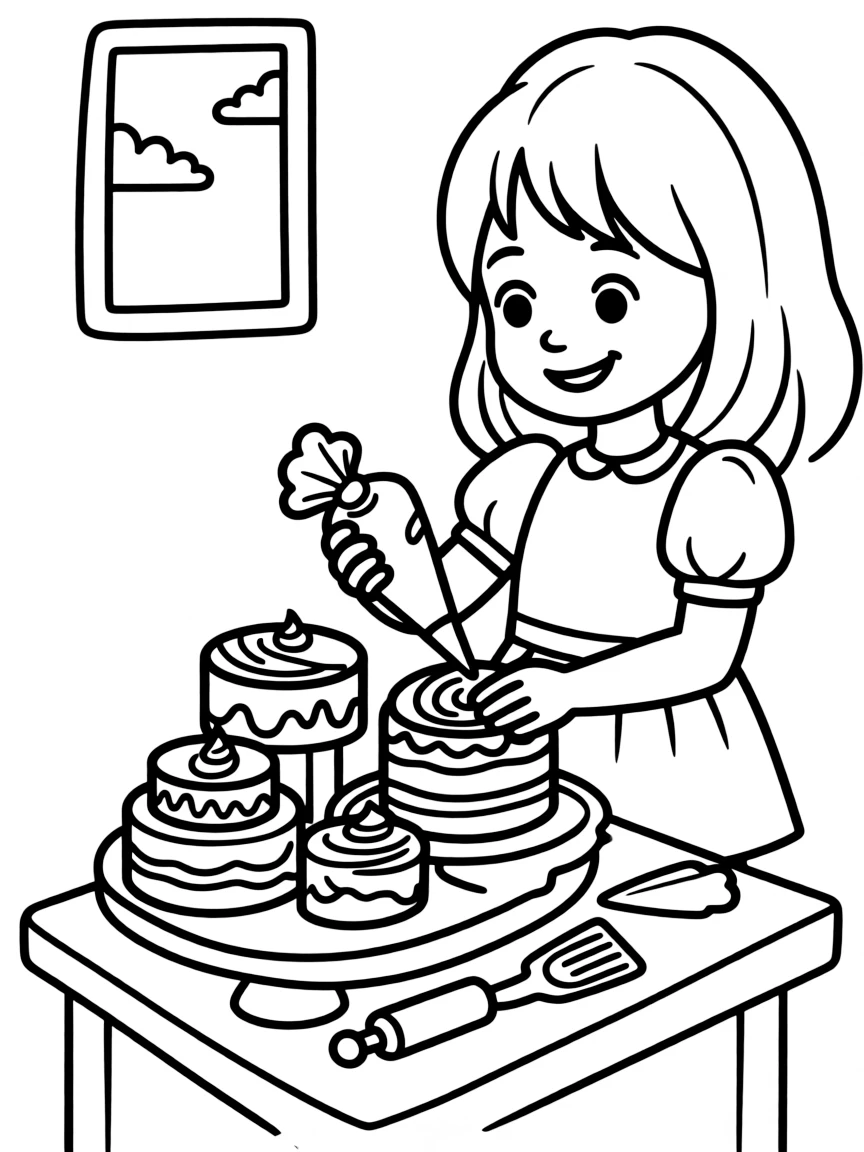 A girl playing with a toy bakery, decorating pretend cakes.