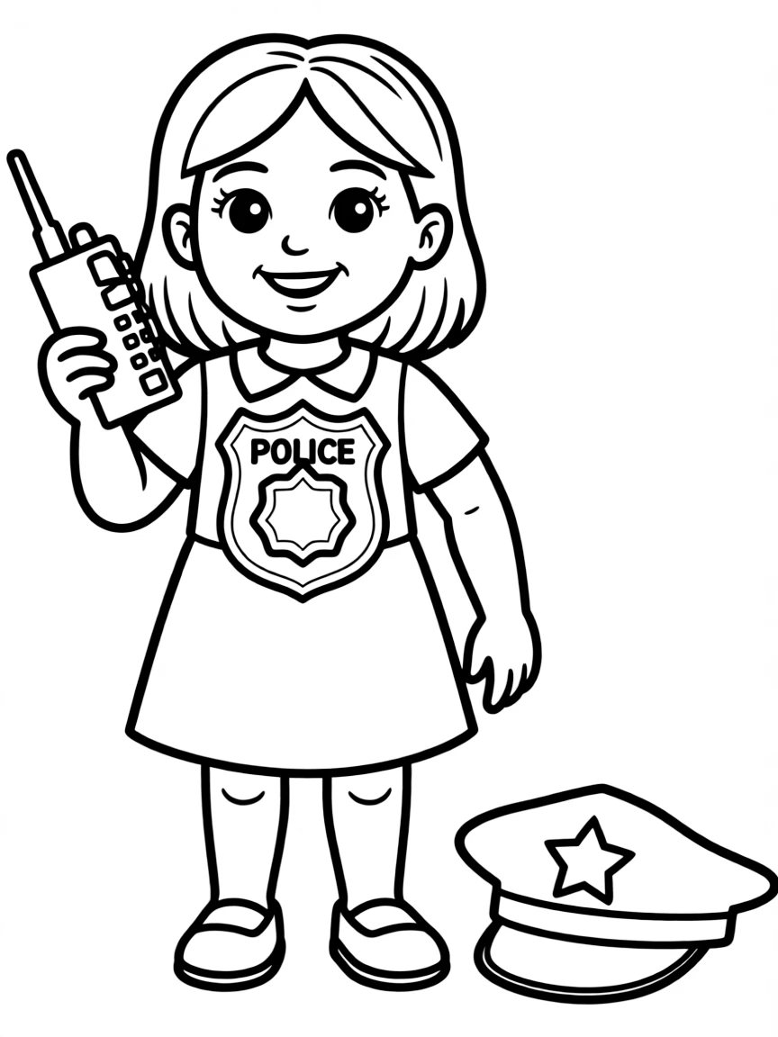 A girl pretending to be a police officer, wearing a toy badge.