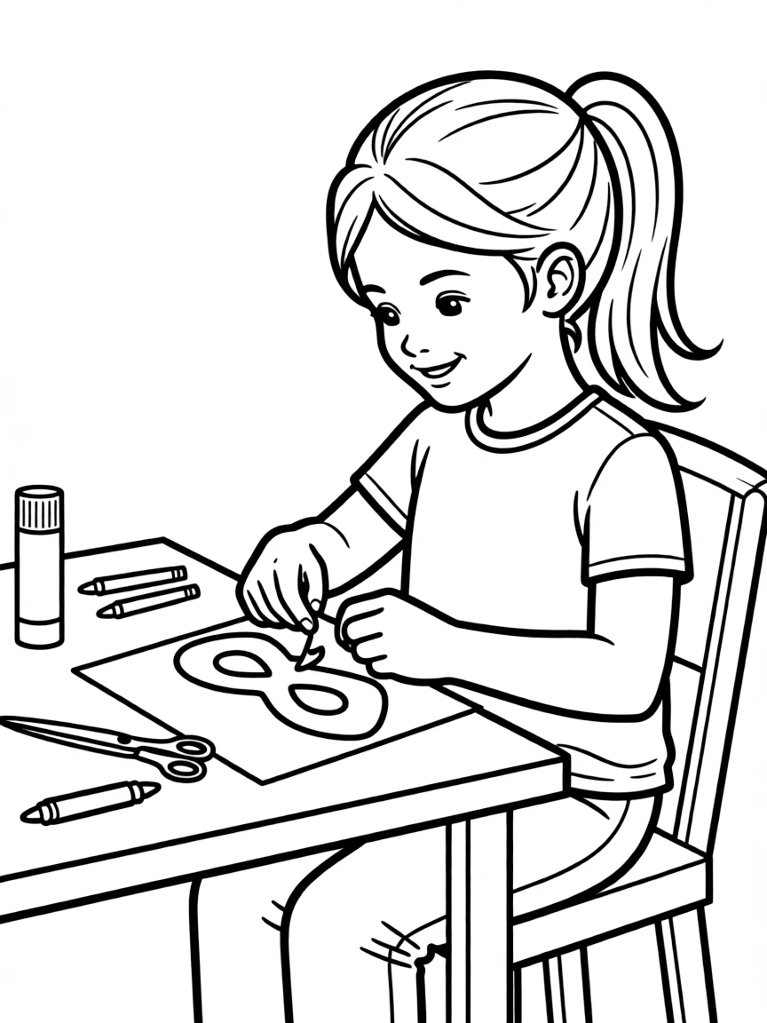 A girl making a "superhero mask" out of paper.