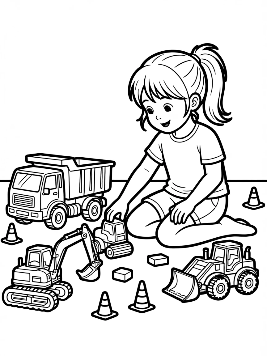 A girl playing with a toy construction site, moving toy vehicles.