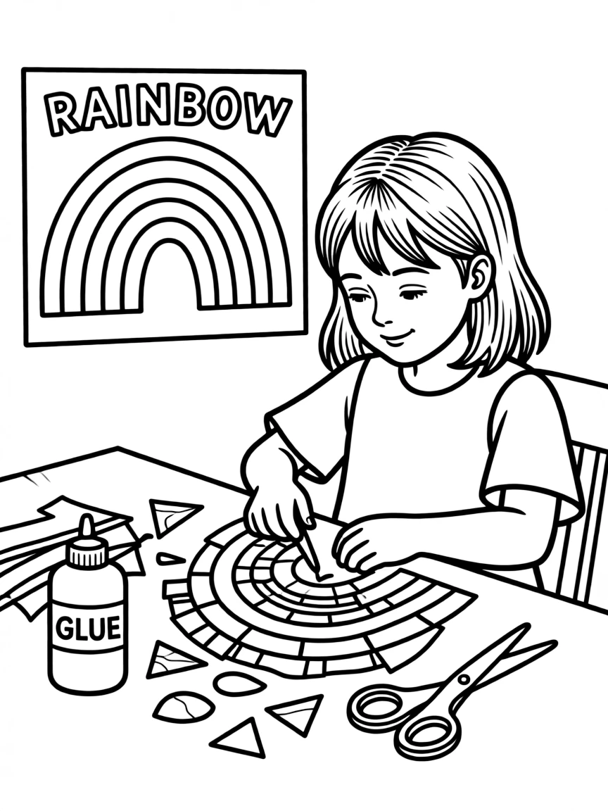 A girl making a "rainbow collage" with different colored materials.