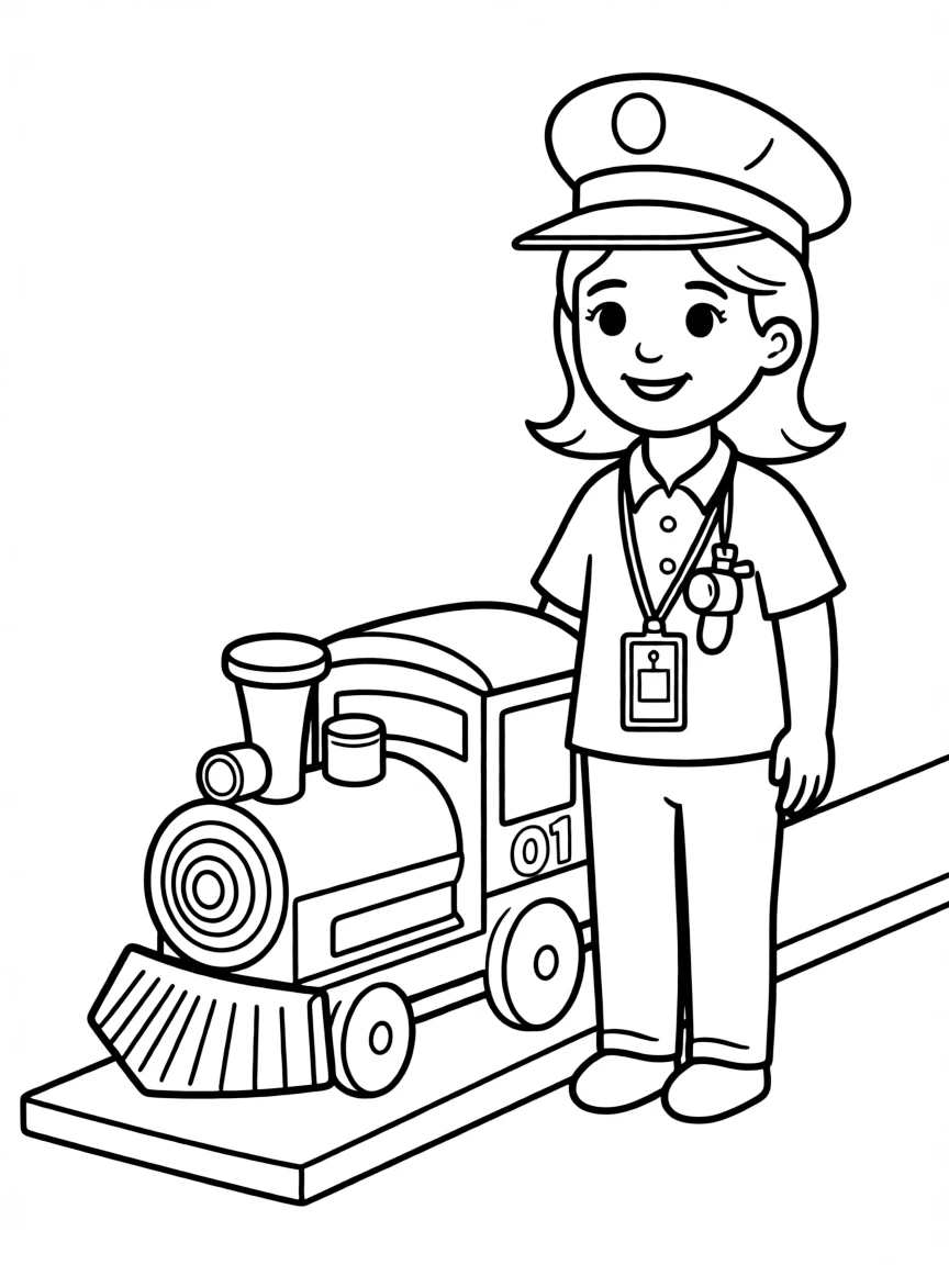 A girl pretending to be a train conductor, wearing a toy hat.