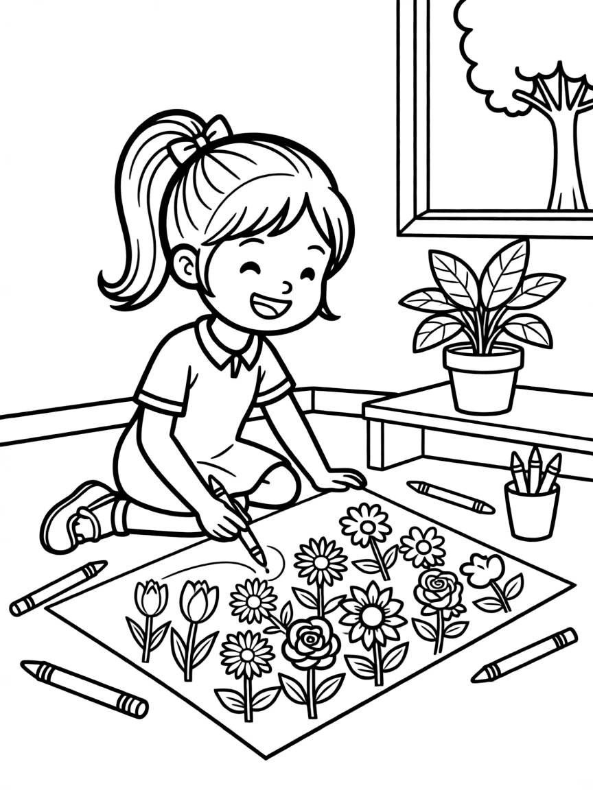 A girl making a "flower garden" drawing with lots of details.