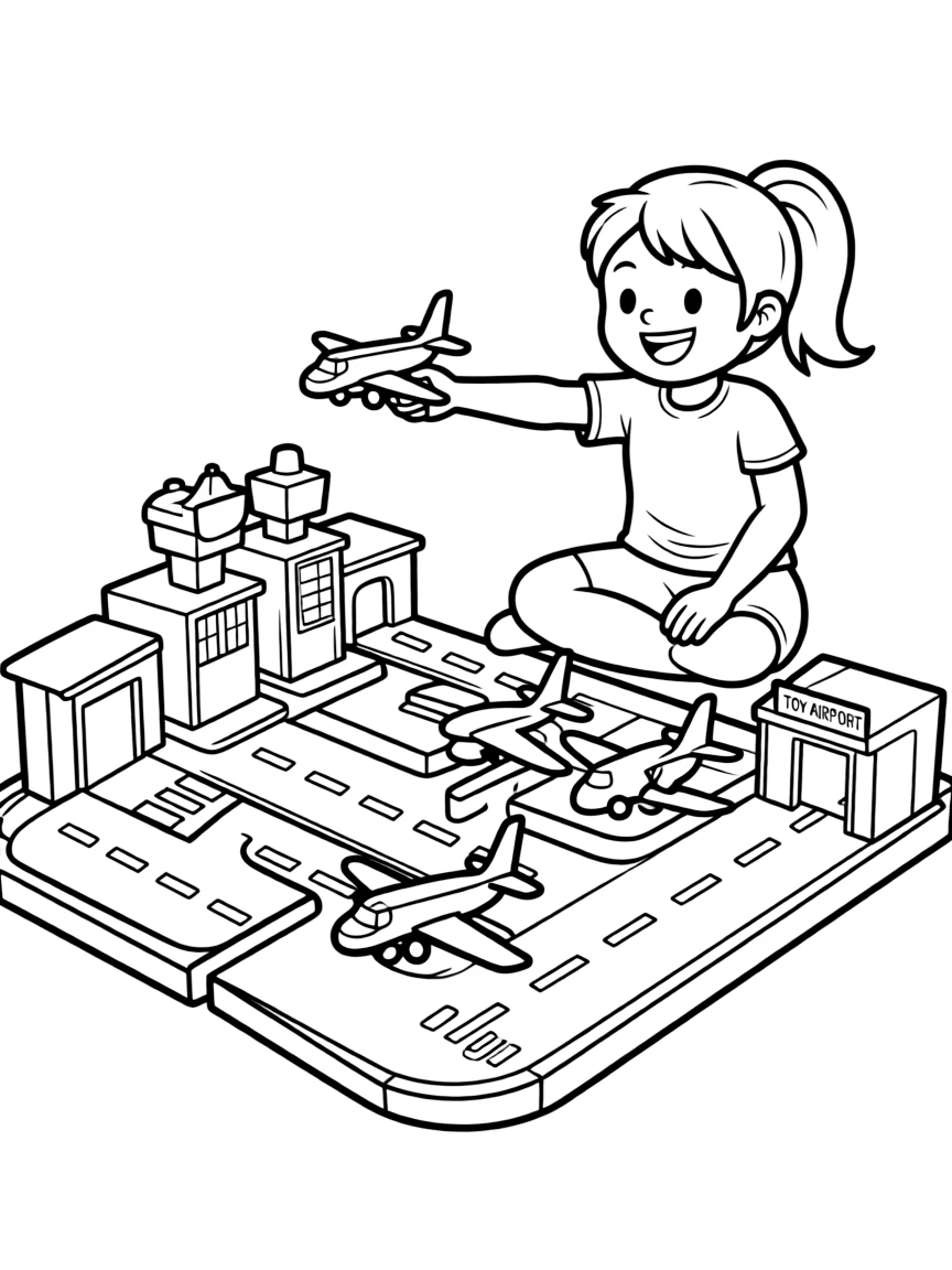 A girl playing with a toy airport, directing toy planes.