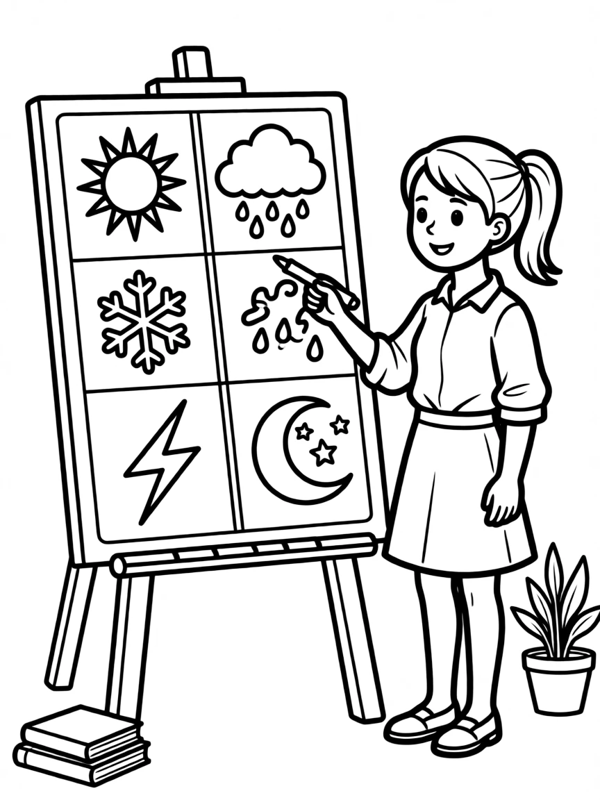 A girl making a "weather chart" with different weather symbols.