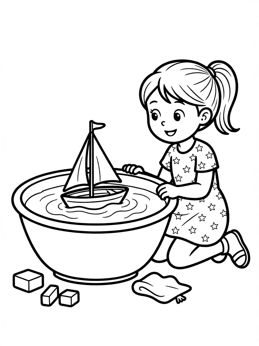 A girl playing with a toy boat, sailing it in a tub of water.