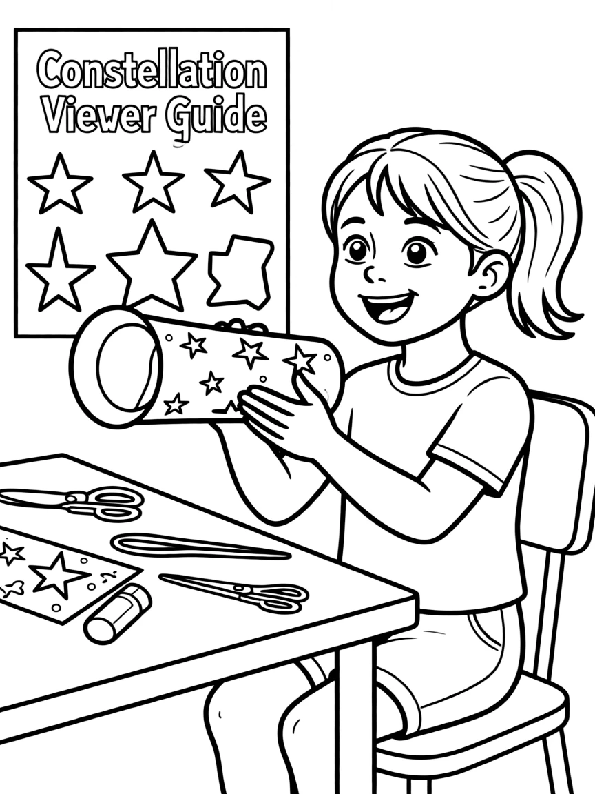 A girl making a "constellation viewer" with a paper tube.