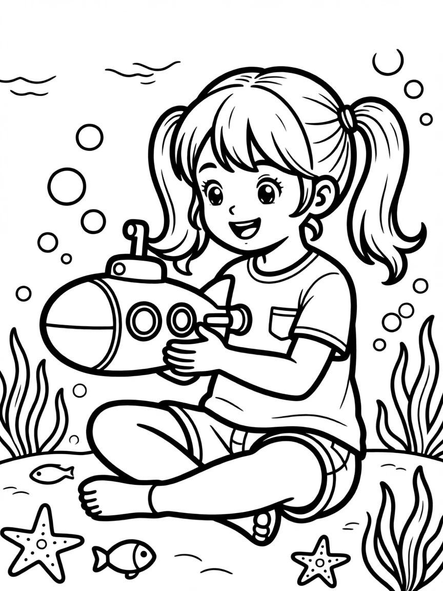 A girl playing with a toy submarine, exploring imaginary depths.