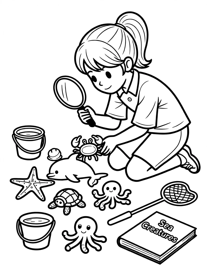 A girl pretending to be a marine biologist, examining toy sea creatures.