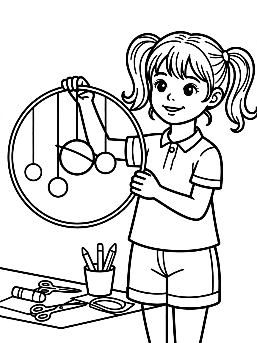 A girl making a "solar system" mobile.