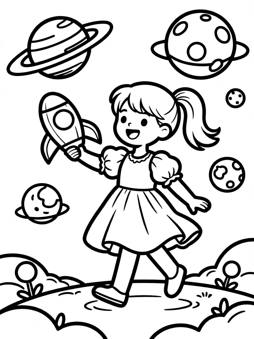 A girl playing with a toy spaceship, flying to imaginary planets.