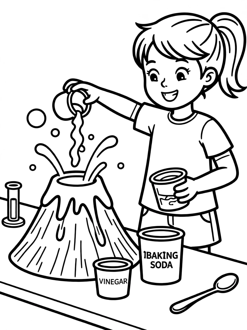 A girl making a "volcano" experiment with baking soda and vinegar.