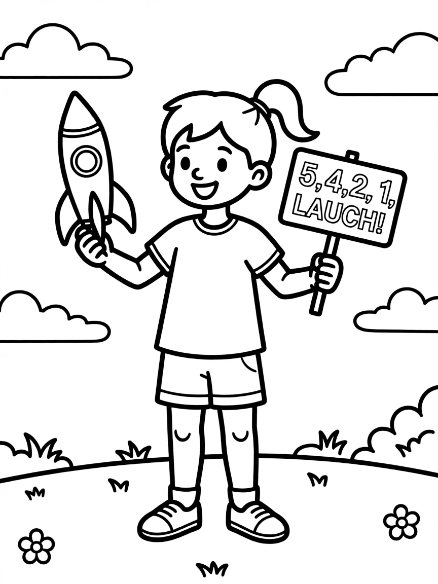 A girl playing with a toy rocket, counting down to launch.