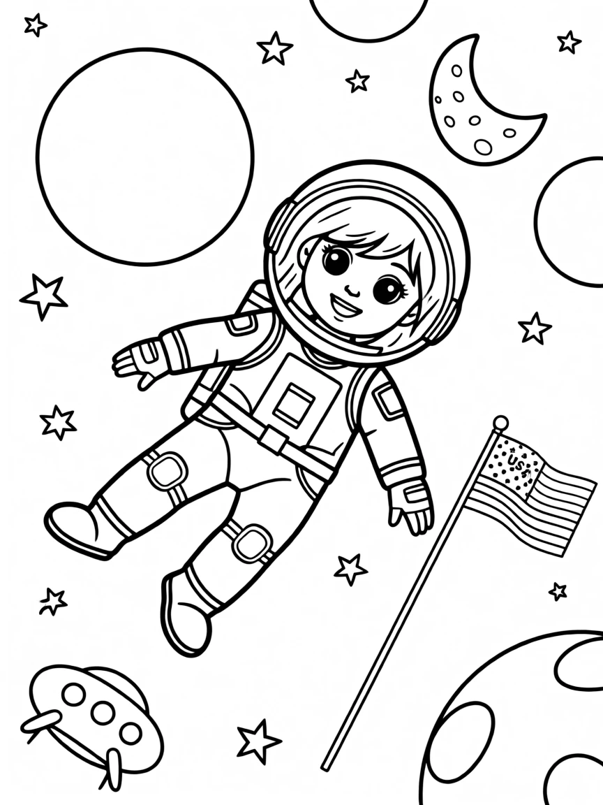A girl pretending to be an astronaut, floating in outer space.