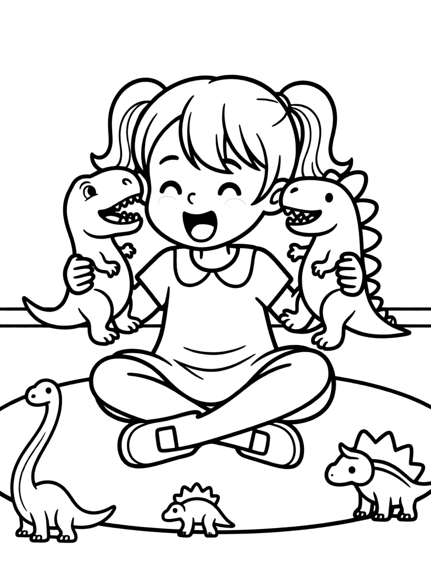 A girl playing with toy dinosaurs, making roaring sounds.