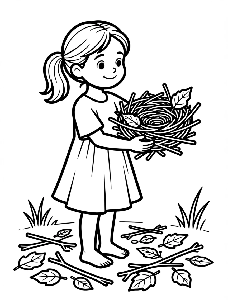 A girl making a "bird nest" out of twigs and leaves.