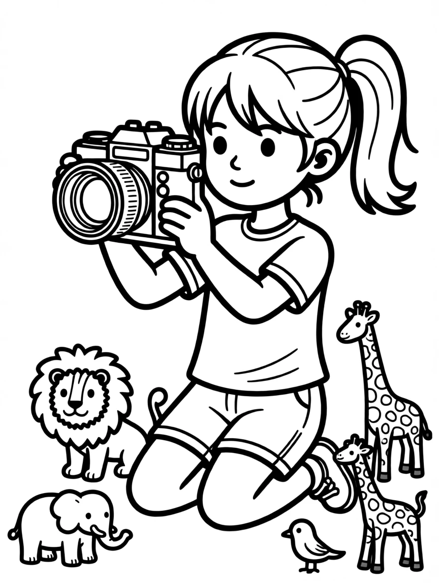 A girl pretending to be a wildlife photographer, taking pictures of toy animals.