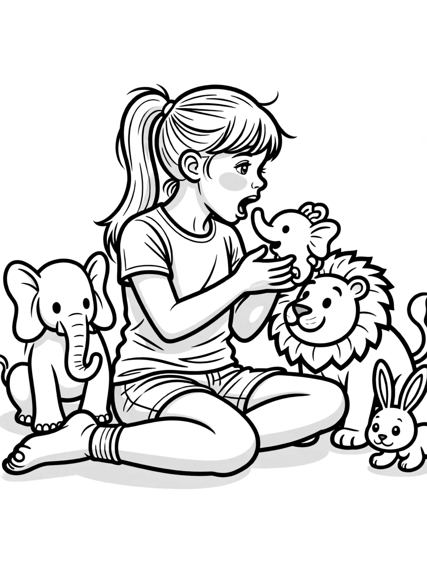 A girl playing with toy animals, making animal sounds.