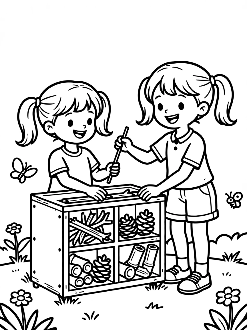 A girl making a "bug hotel" for insects.