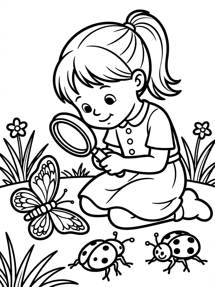 A girl playing with toy insects, observing their features.