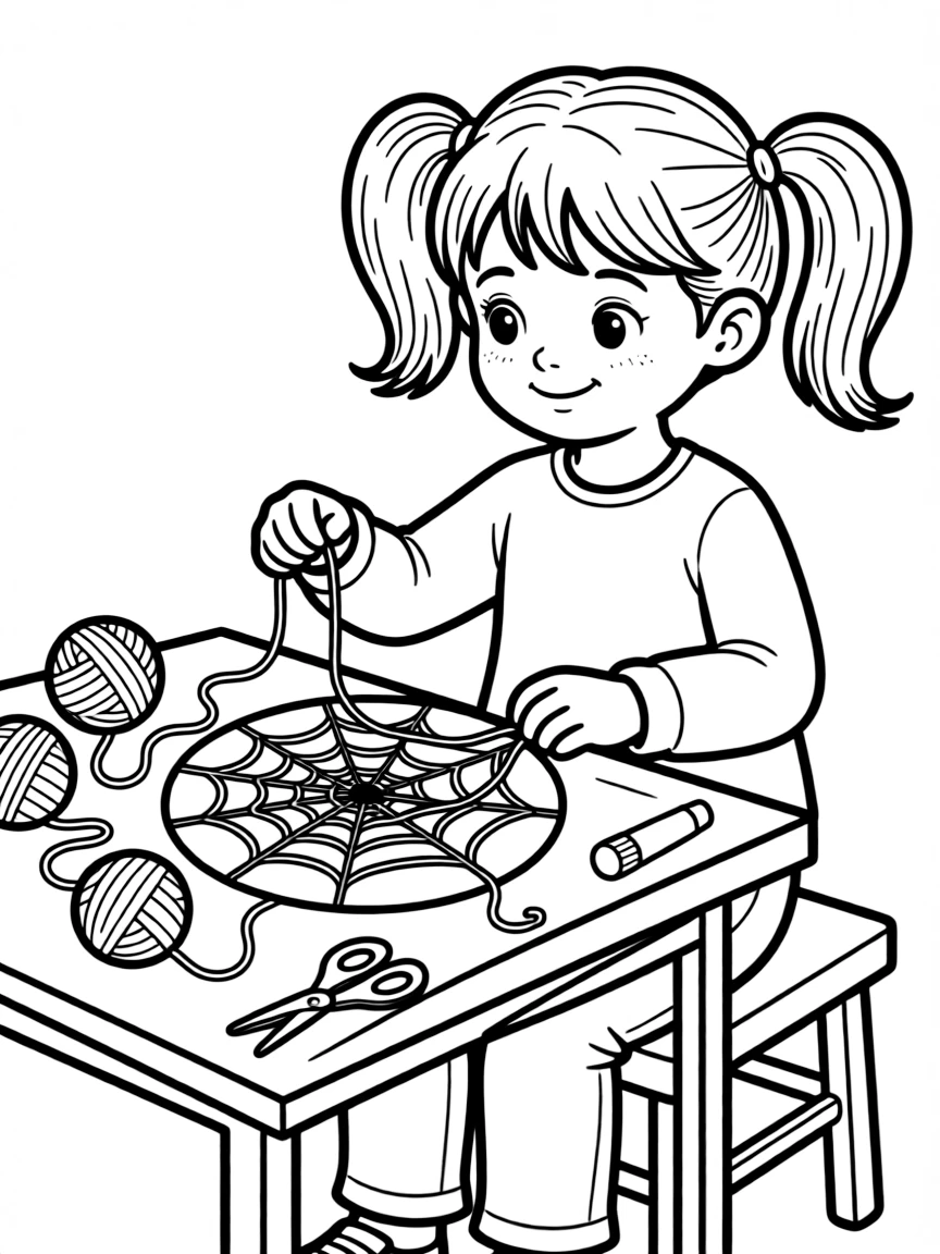 A girl making a "spider web" craft with yarn.
