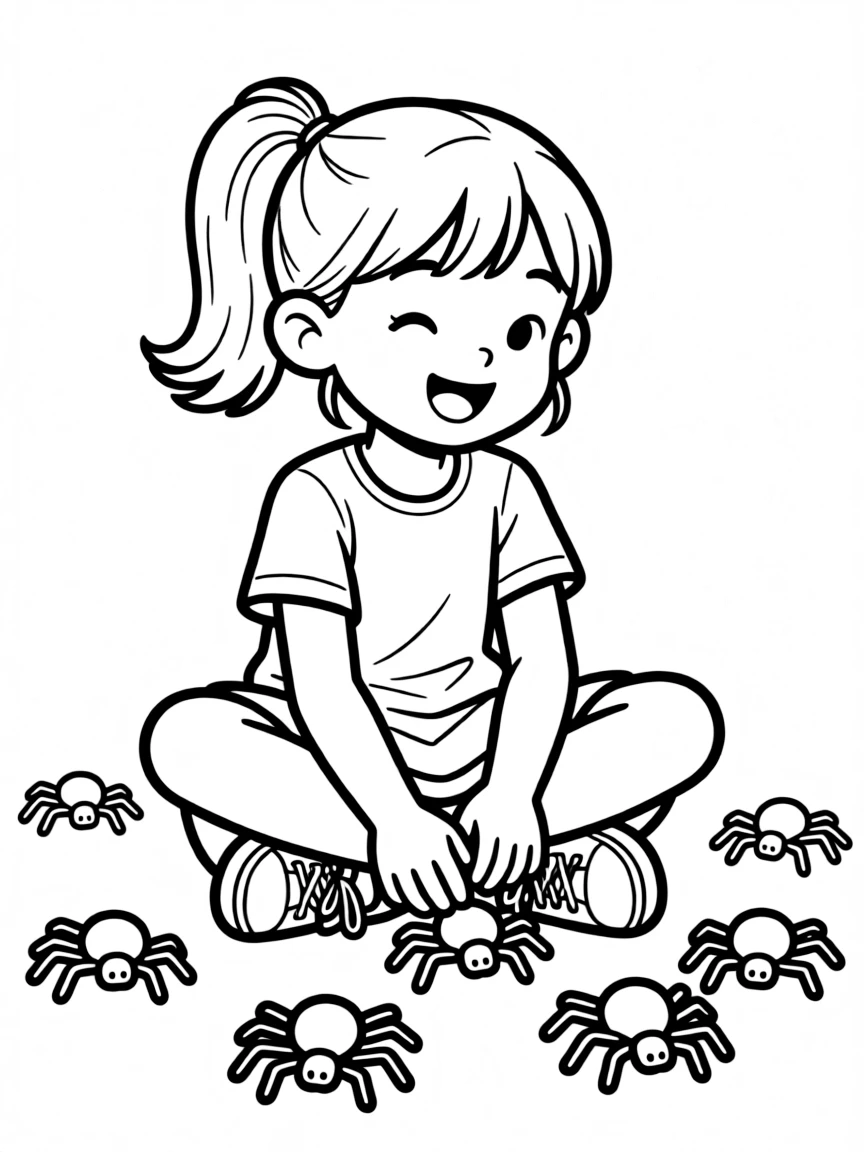 A girl playing with toy spiders, making them crawl.
