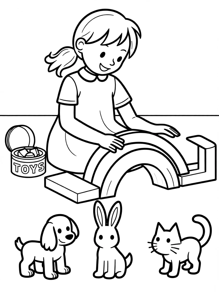 A girl making a "rainbow bridge" for toy animals.