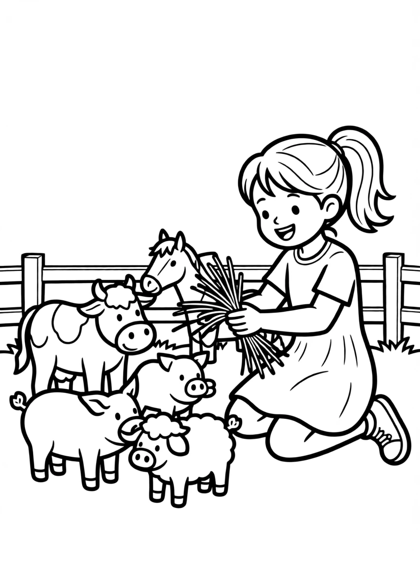 A girl playing with toy farm animals, feeding them pretend hay.