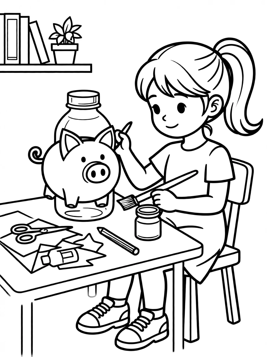 A girl making a "piggy bank" out of a recycled container.